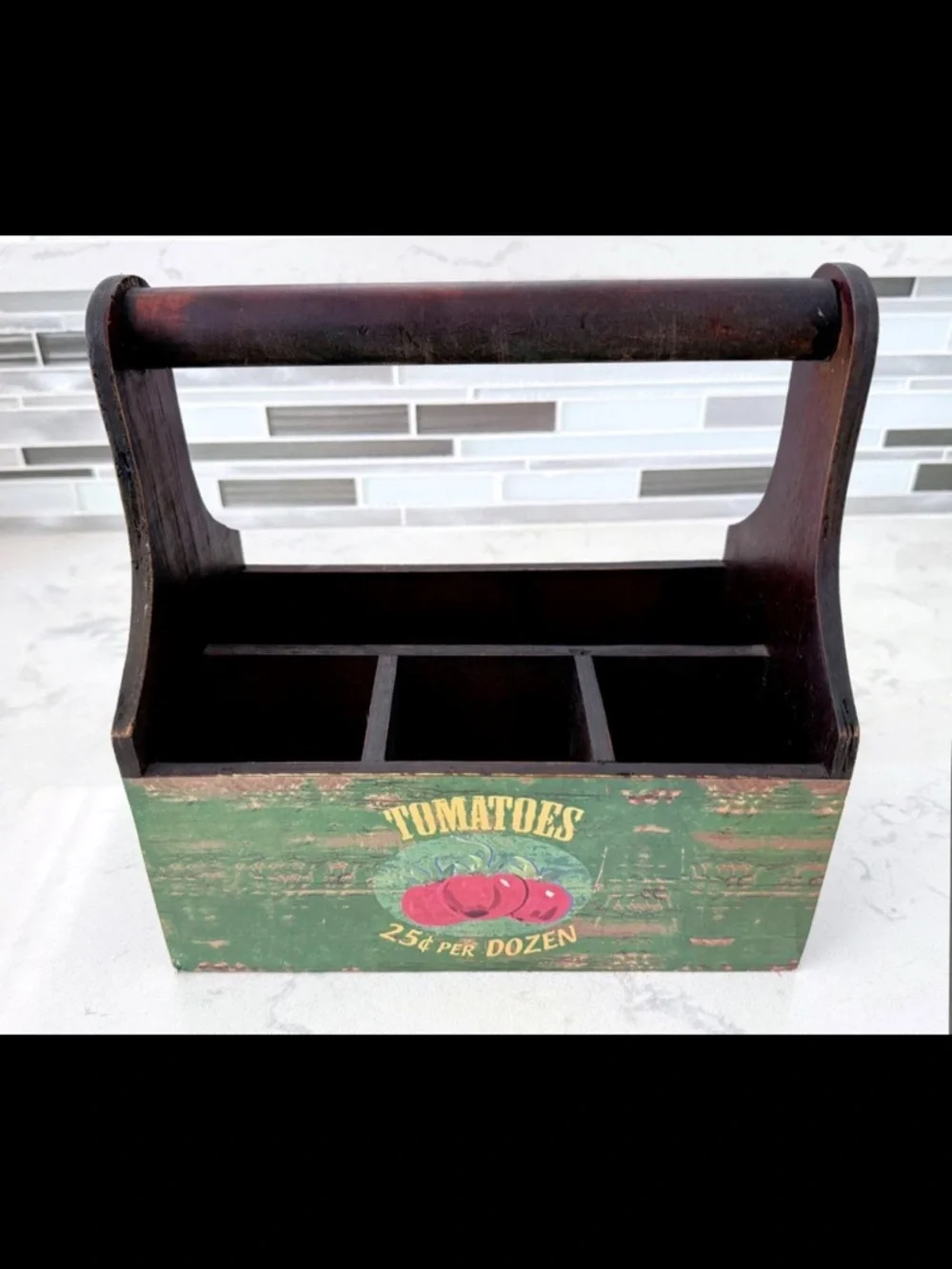 Farmhouse Wood Caddy Organizer Vintage Tomatoes Sunflower Seeds Two-Sided Box